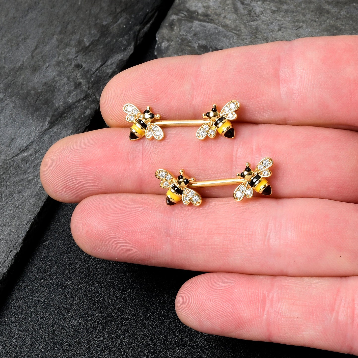14G 9/16 Clear CZ Gem Gold Hue Honey Bees Barbell Nipple Ring Set