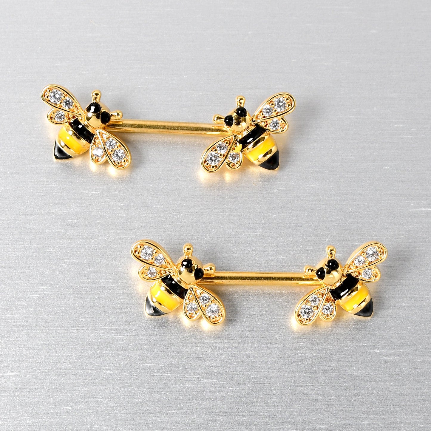 14G 9/16 Clear CZ Gem Gold Hue Honey Bees Barbell Nipple Ring Set