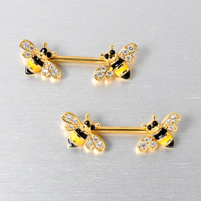 14G 9/16 Clear CZ Gem Gold Hue Honey Bees Barbell Nipple Ring Set