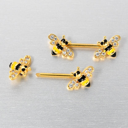 14G 9/16 Clear CZ Gem Gold Hue Honey Bees Barbell Nipple Ring Set
