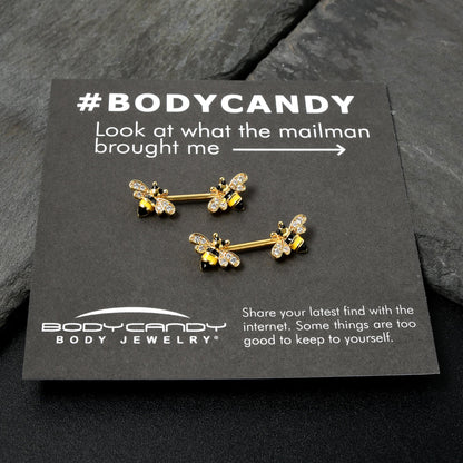14G 9/16 Clear CZ Gem Gold Hue Honey Bees Barbell Nipple Ring Set