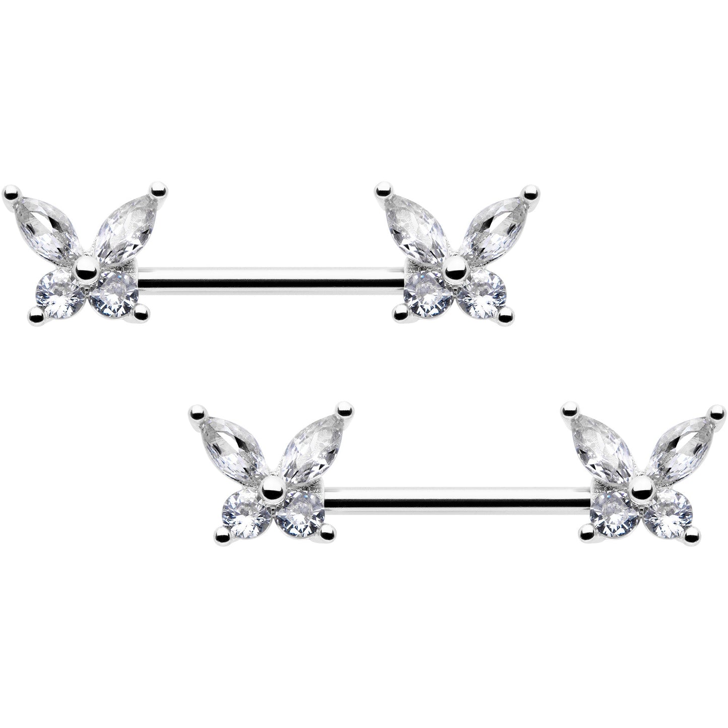 14G 9/16 Clear CZ Gem Butterflies Barbell Nipple Ring Set