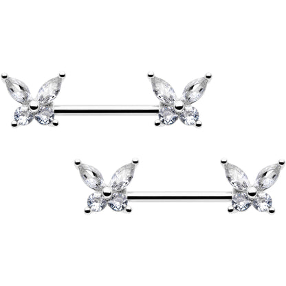 14G 9/16 Clear CZ Gem Butterflies Barbell Nipple Ring Set