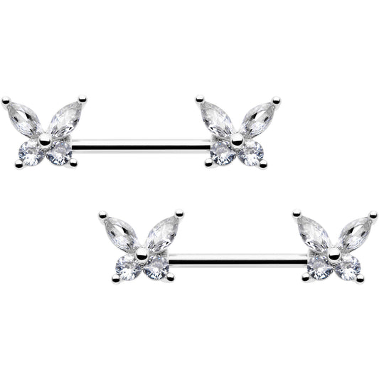 14G 9/16 Clear CZ Gem Butterflies Barbell Nipple Ring Set