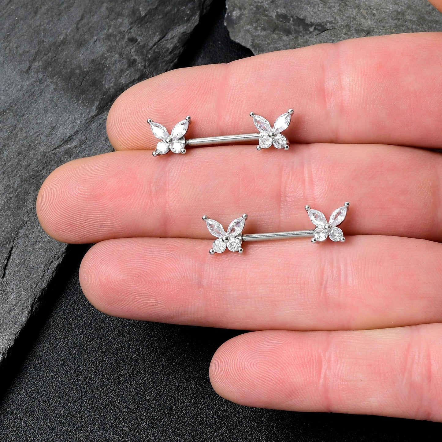 14G 9/16 Clear CZ Gem Butterflies Barbell Nipple Ring Set