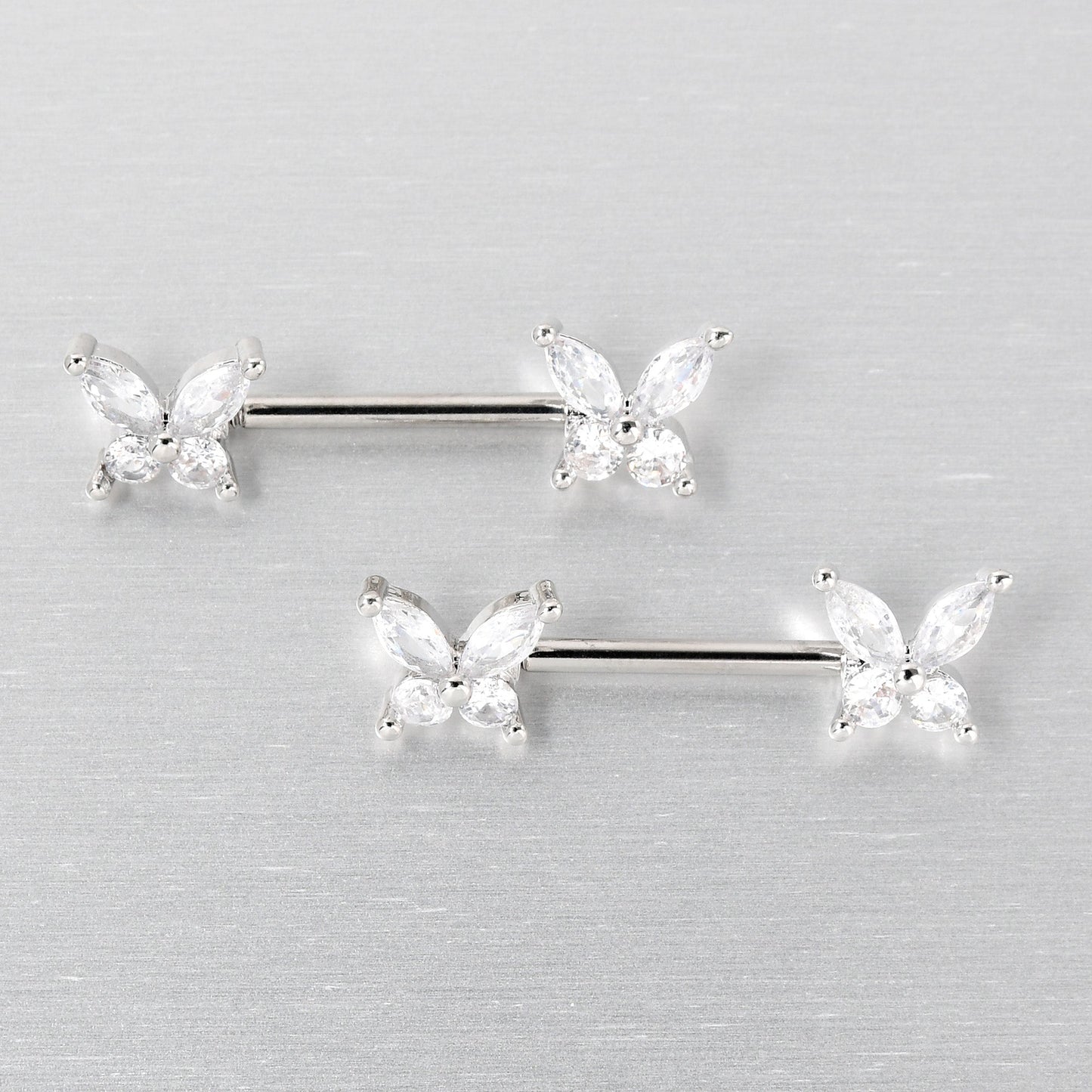 14G 9/16 Clear CZ Gem Butterflies Barbell Nipple Ring Set