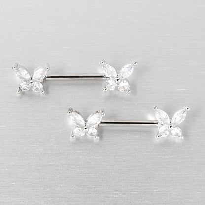 14G 9/16 Clear CZ Gem Butterflies Barbell Nipple Ring Set