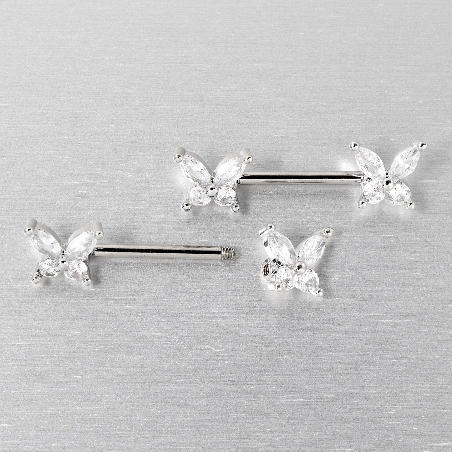 14G 9/16 Clear CZ Gem Butterflies Barbell Nipple Ring Set