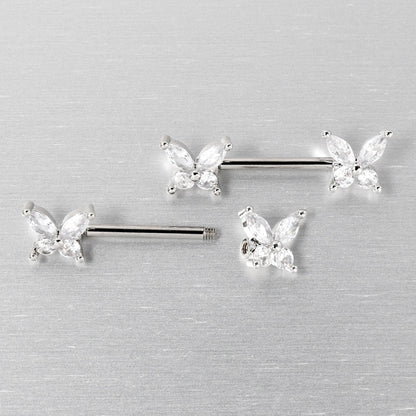 14G 9/16 Clear CZ Gem Butterflies Barbell Nipple Ring Set