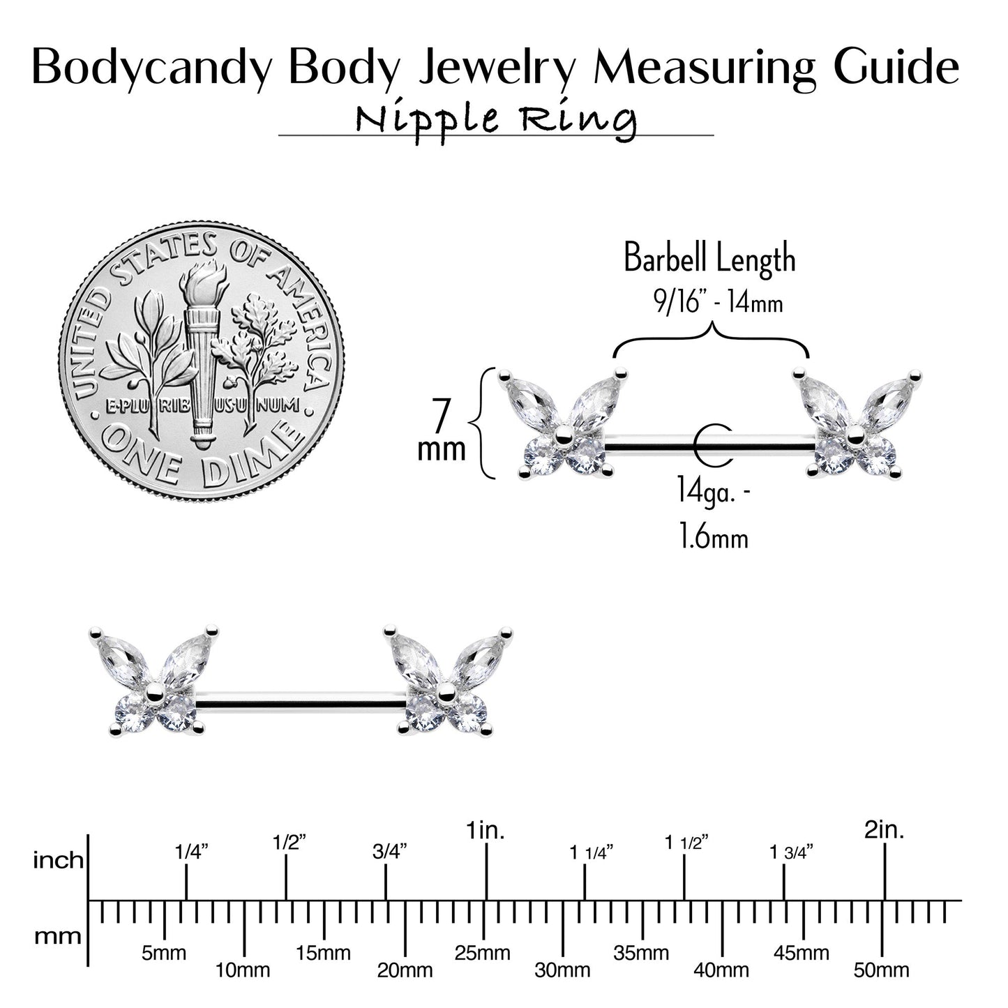 14G 9/16 Clear CZ Gem Butterflies Barbell Nipple Ring Set