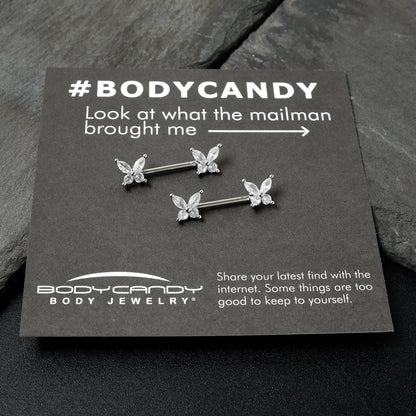 14G 9/16 Clear CZ Gem Butterflies Barbell Nipple Ring Set