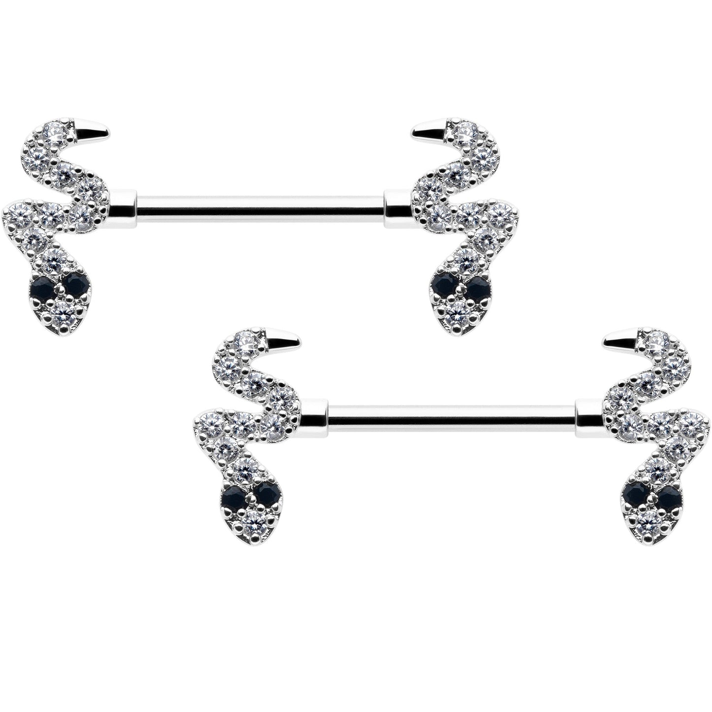 14G 9/16 Clear Black CZ Gem Sexy Snakes Barbell Nipple Ring Set