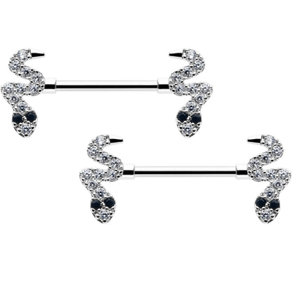 14G 9/16 Clear Black CZ Gem Sexy Snakes Barbell Nipple Ring Set