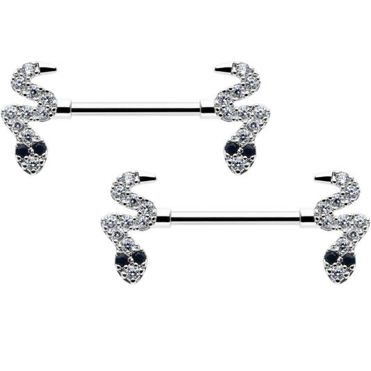 14G 9/16 Clear Black CZ Gem Sexy Snakes Barbell Nipple Ring Set