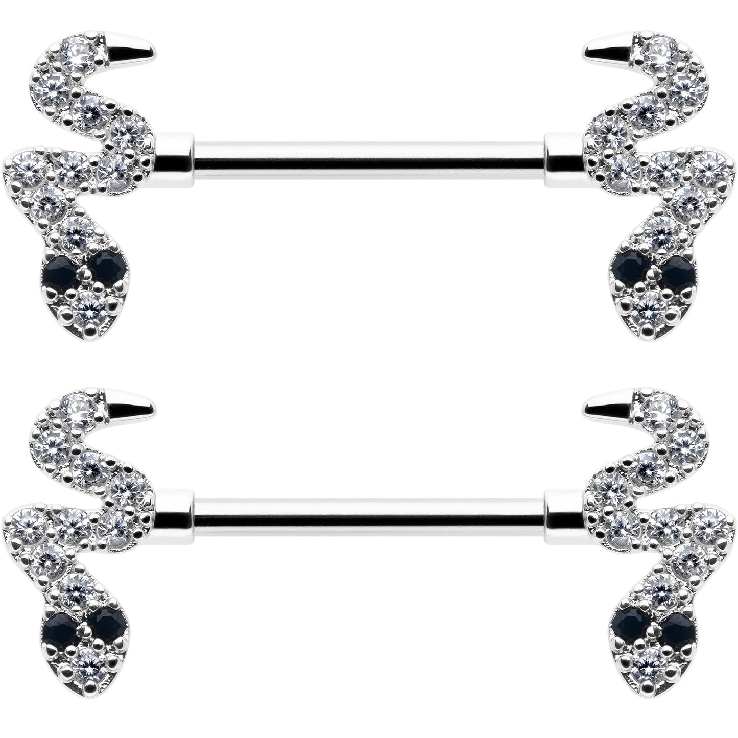 14G 9/16 Clear Black CZ Gem Sexy Snakes Barbell Nipple Ring Set
