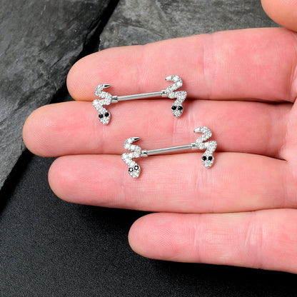 14G 9/16 Clear Black CZ Gem Sexy Snakes Barbell Nipple Ring Set