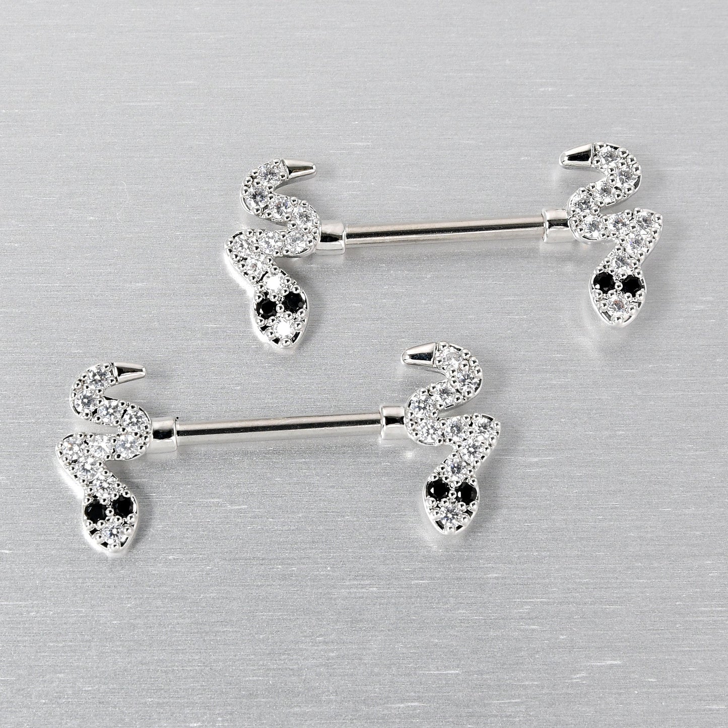 14G 9/16 Clear Black CZ Gem Sexy Snakes Barbell Nipple Ring Set