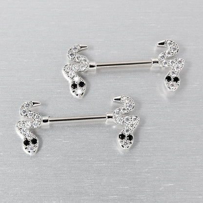 14G 9/16 Clear Black CZ Gem Sexy Snakes Barbell Nipple Ring Set