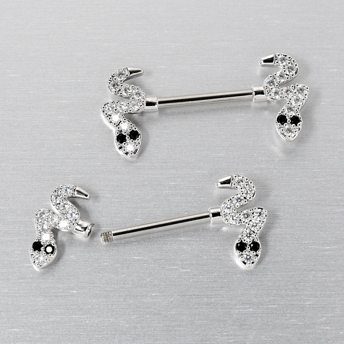 14G 9/16 Clear Black CZ Gem Sexy Snakes Barbell Nipple Ring Set
