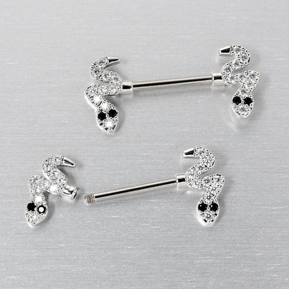 14G 9/16 Clear Black CZ Gem Sexy Snakes Barbell Nipple Ring Set