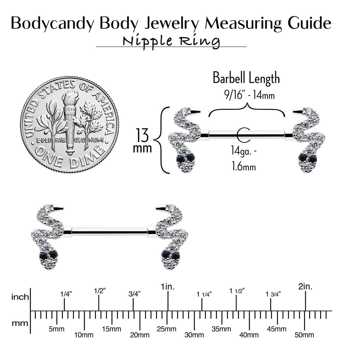 14G 9/16 Clear Black CZ Gem Sexy Snakes Barbell Nipple Ring Set