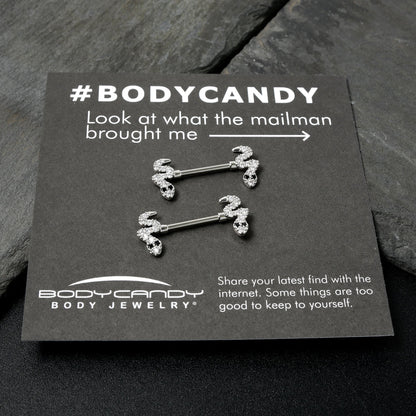 14G 9/16 Clear Black CZ Gem Sexy Snakes Barbell Nipple Ring Set