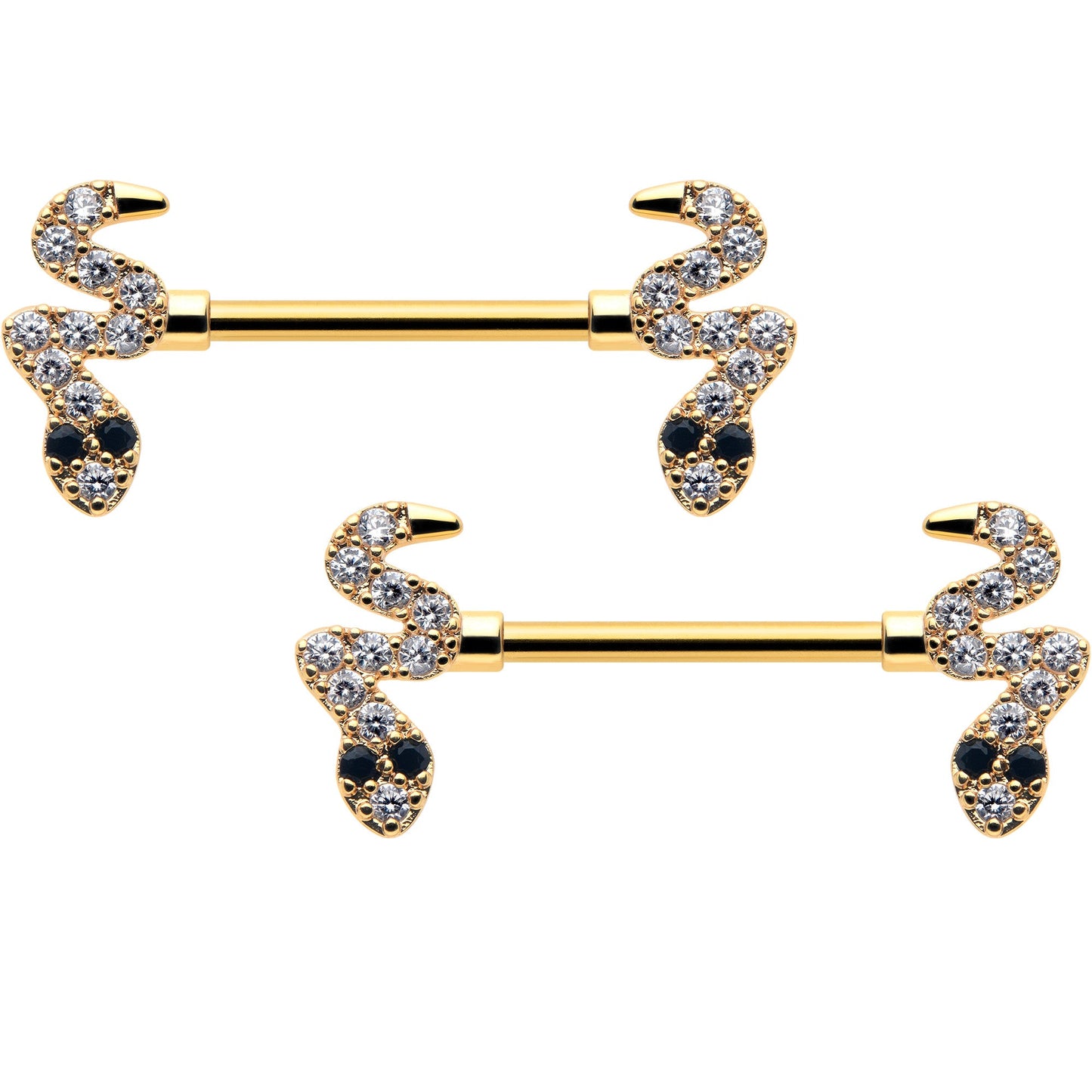 14G 9/16 Clear Black CZ Gem Gold Tone Sexy Snakes Nipple Ring Set