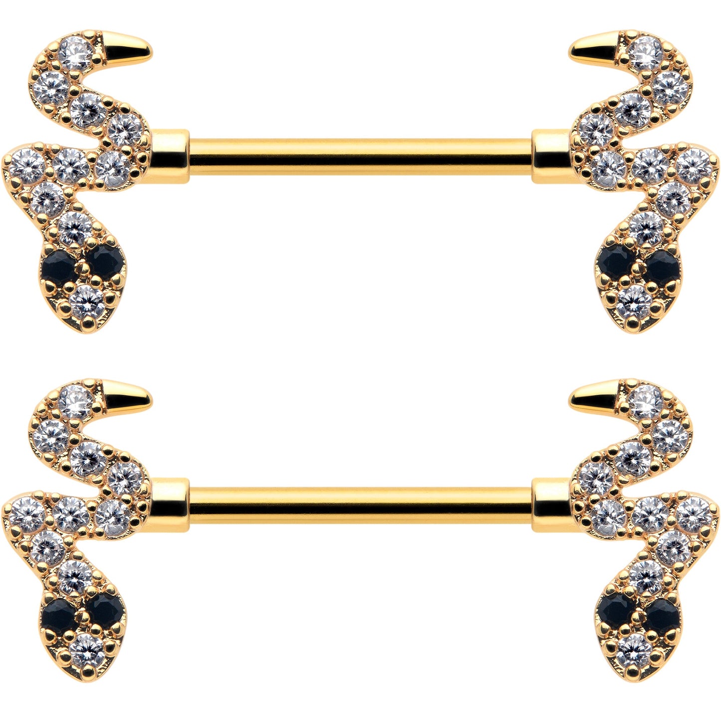 14G 9/16 Clear Black CZ Gem Gold Tone Sexy Snakes Nipple Ring Set