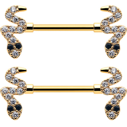14G 9/16 Clear Black CZ Gem Gold Tone Sexy Snakes Nipple Ring Set
