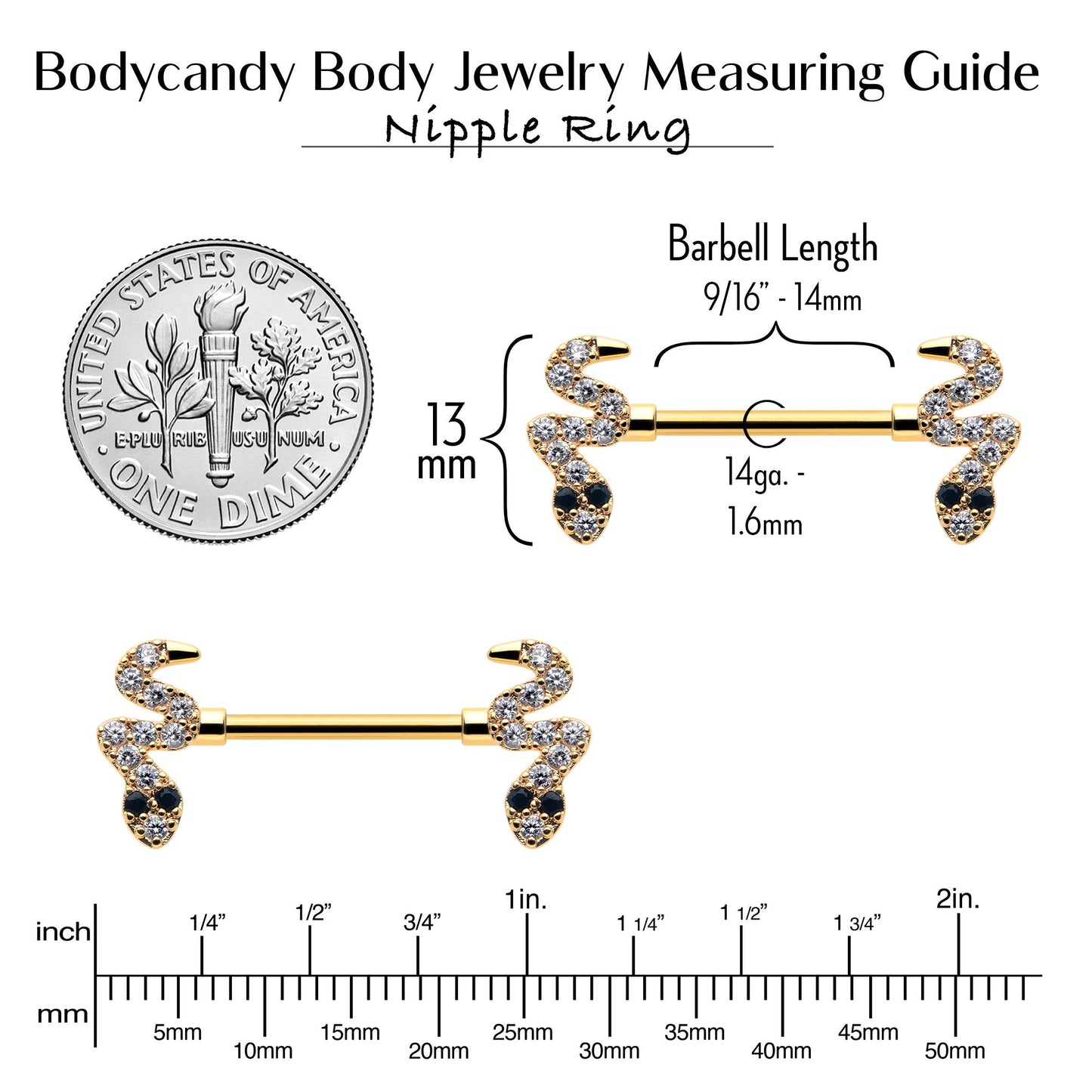 14G 9/16 Clear Black CZ Gem Gold Tone Sexy Snakes Nipple Ring Set