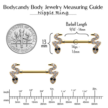 14G 9/16 Clear Black CZ Gem Gold Tone Sexy Snakes Nipple Ring Set