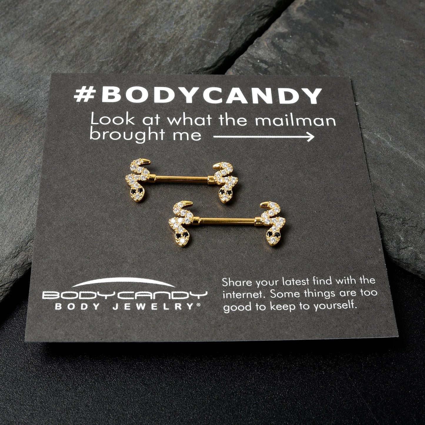 14G 9/16 Clear Black CZ Gem Gold Tone Sexy Snakes Nipple Ring Set