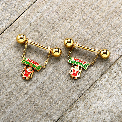 14G 9/16 Gold Tone Santa Merry Christmas Dangle Nipple Ring Set