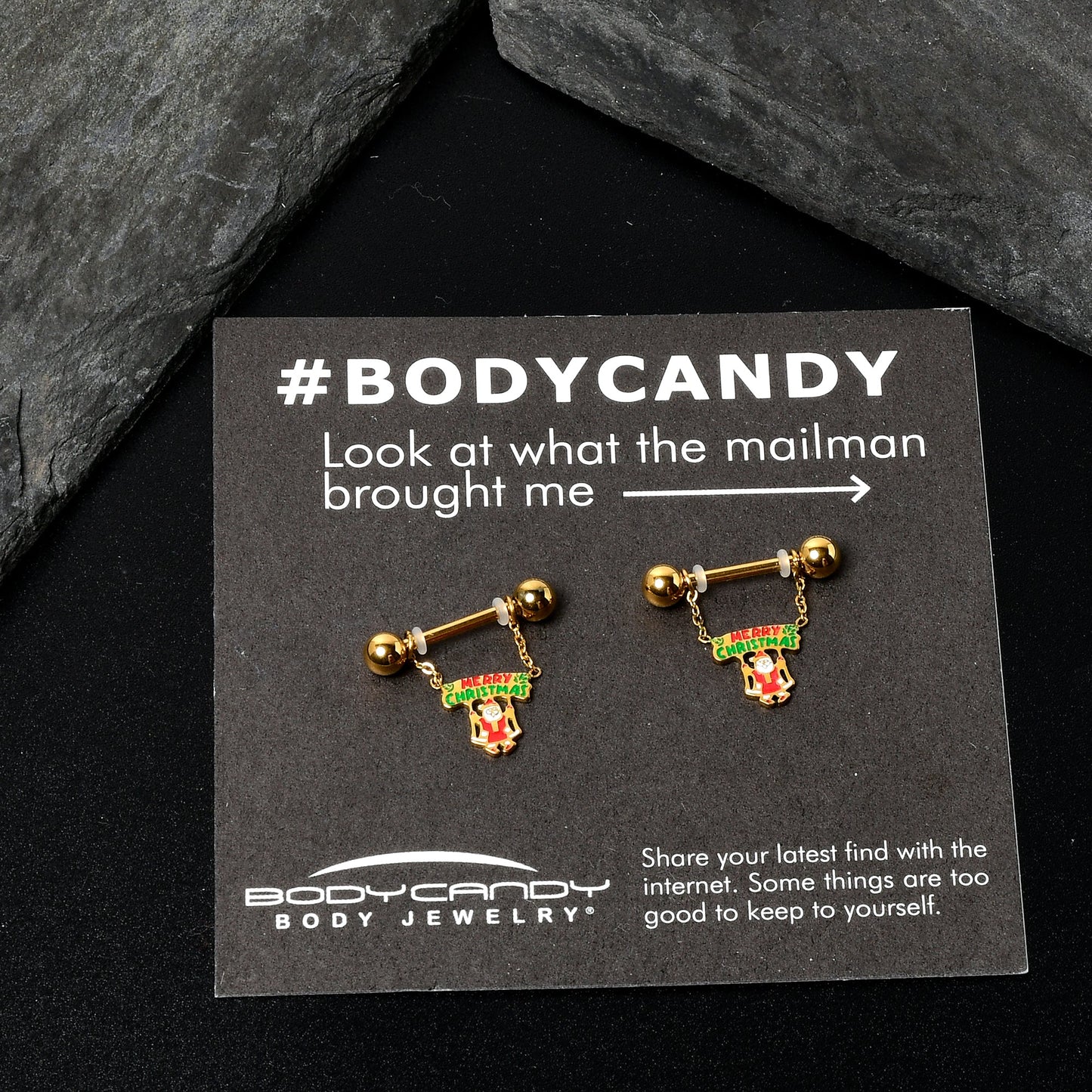 14G 9/16 Gold Tone Santa Merry Christmas Dangle Nipple Ring Set