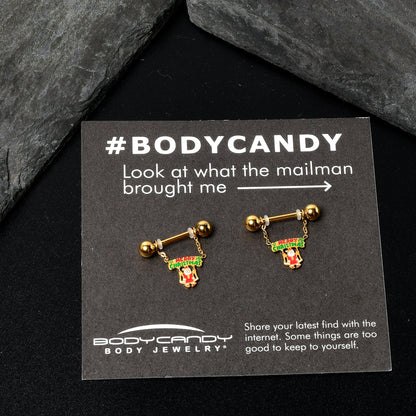 14G 9/16 Gold Tone Santa Merry Christmas Dangle Nipple Ring Set