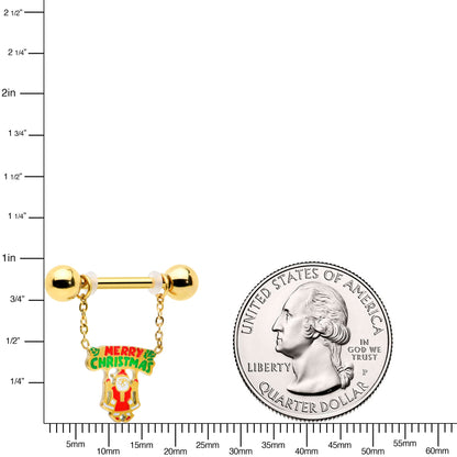 14G 9/16 Gold Tone Santa Merry Christmas Dangle Nipple Ring Set