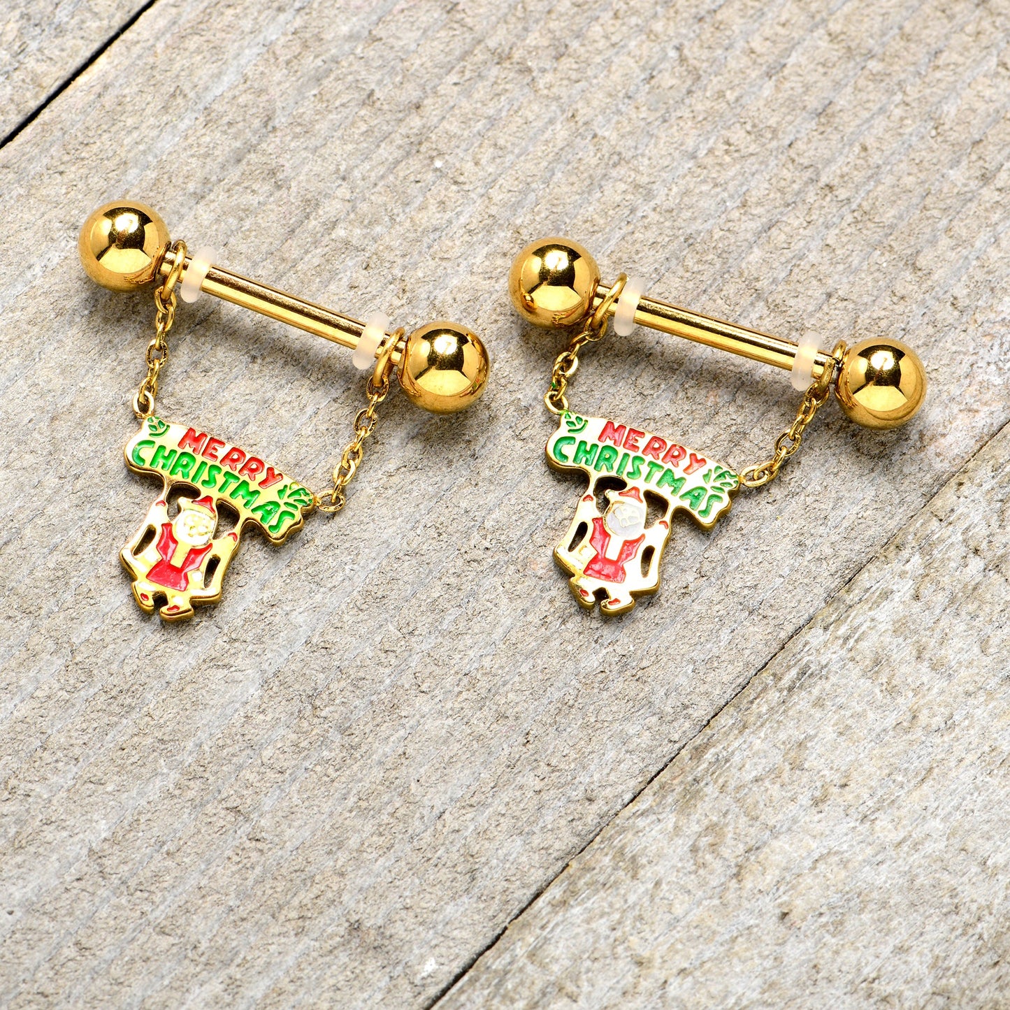 14G 9/16 Gold Tone Santa Merry Christmas Dangle Nipple Ring Set