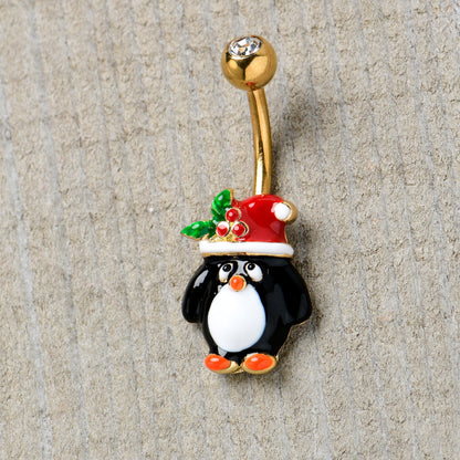 Clear Gem Gold Tone Holly Hat Penguin Holiday Belly Ring