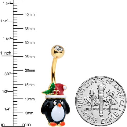 Clear Gem Gold Tone Holly Hat Penguin Holiday Belly Ring