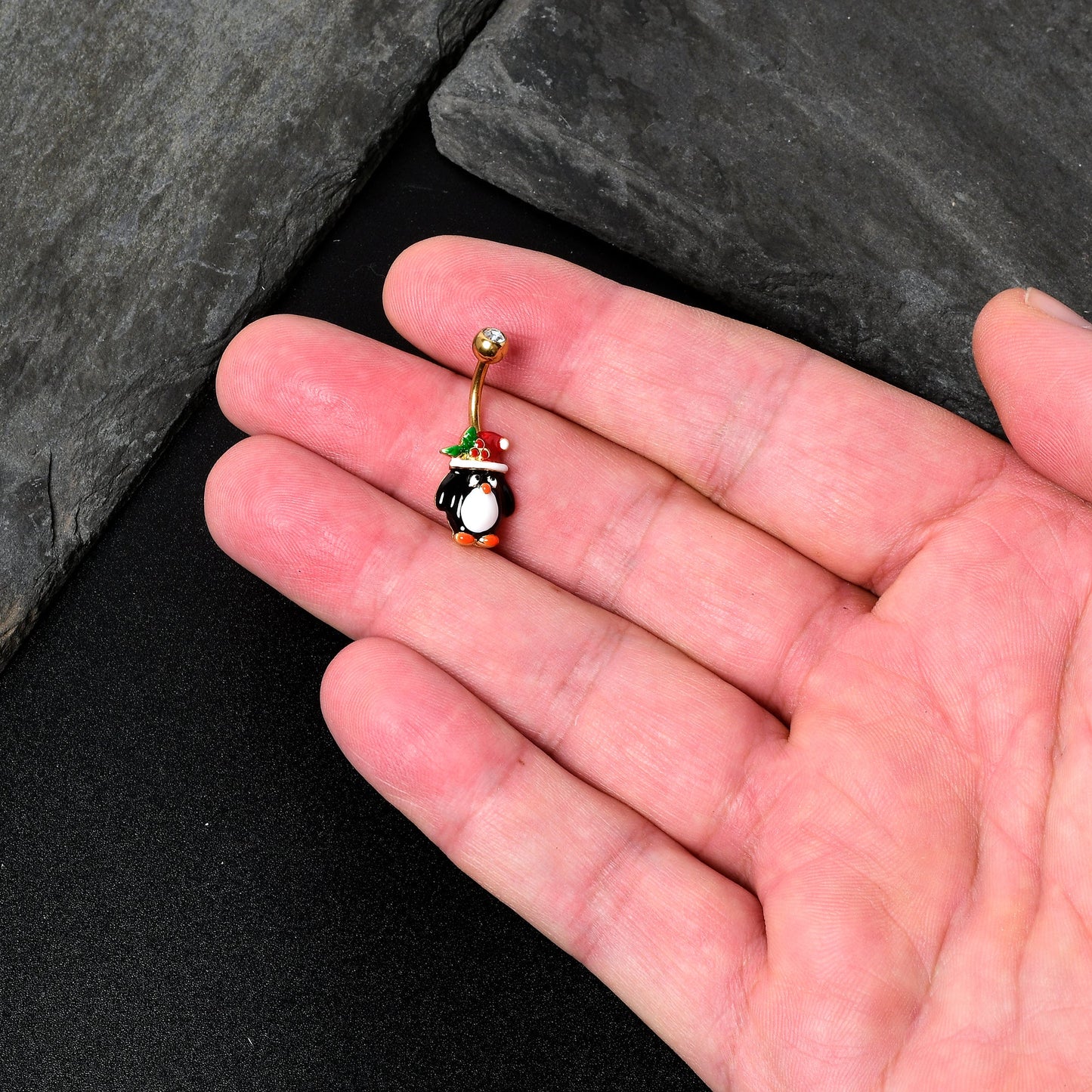 Clear Gem Gold Tone Holly Hat Penguin Holiday Belly Ring
