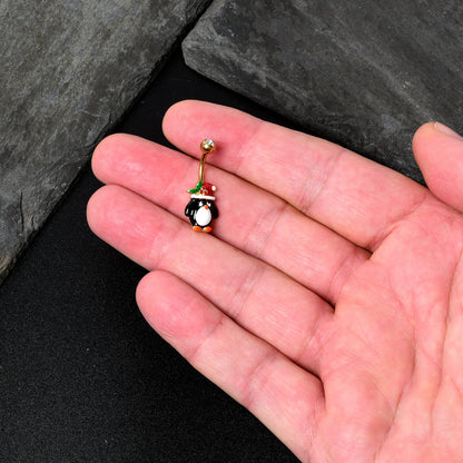 Clear Gem Gold Tone Holly Hat Penguin Holiday Belly Ring