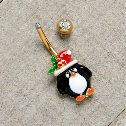 Clear Gem Gold Tone Holly Hat Penguin Holiday Belly Ring