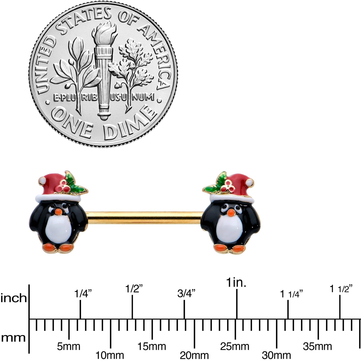 14G 9/16 Gold Tone Holly Hat Penguin Barbell Nipple Ring Set