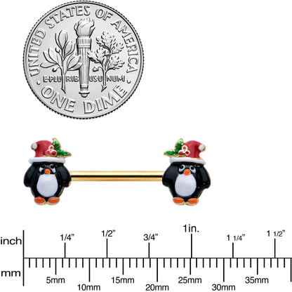 14G 9/16 Gold Tone Holly Hat Penguin Barbell Nipple Ring Set