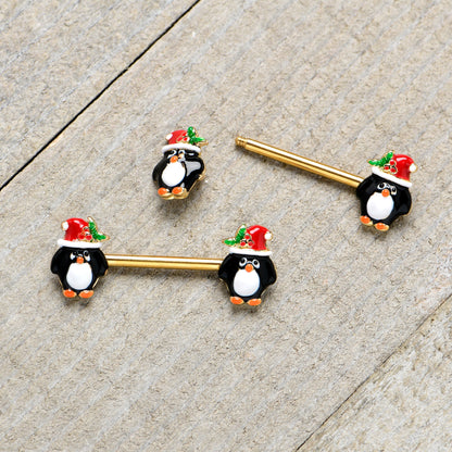 14G 9/16 Gold Tone Holly Hat Penguin Barbell Nipple Ring Set