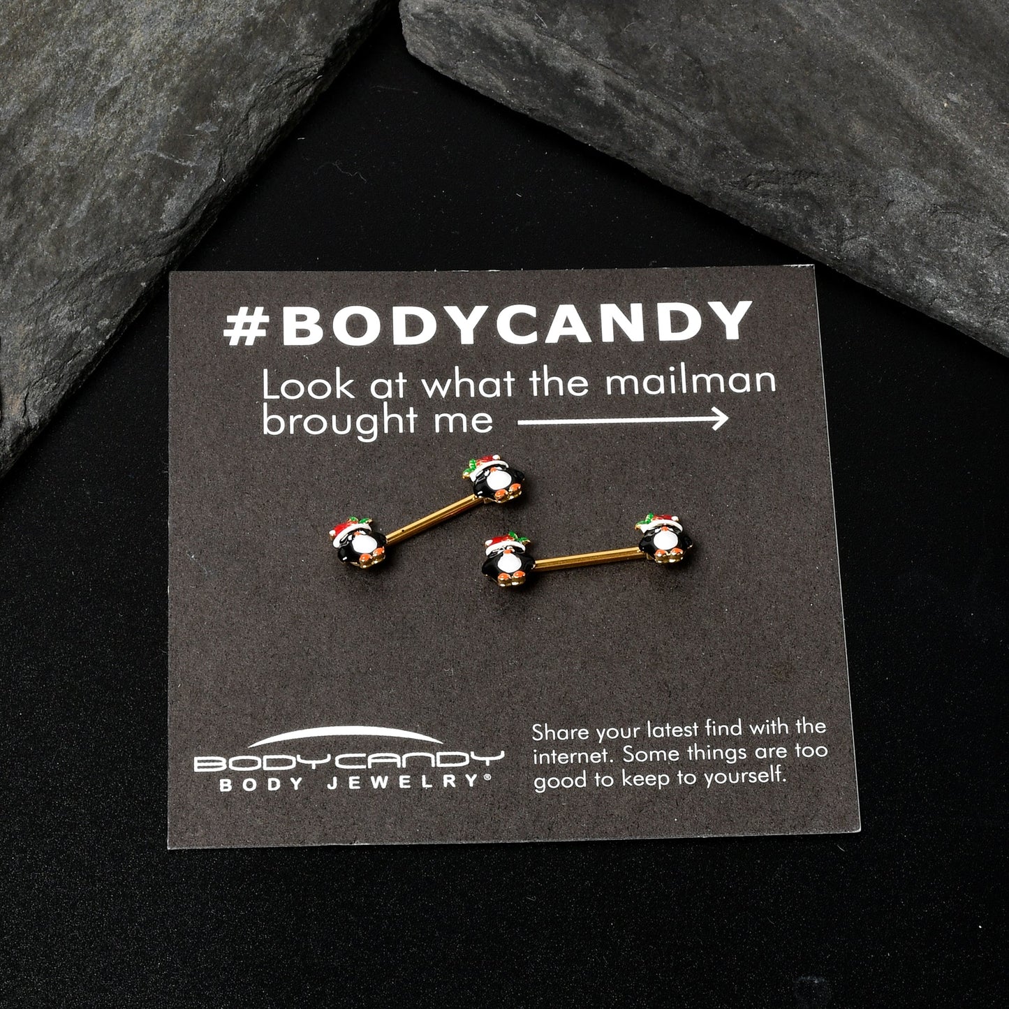 14G 9/16 Gold Tone Holly Hat Penguin Barbell Nipple Ring Set