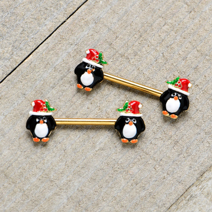 14G 9/16 Gold Tone Holly Hat Penguin Barbell Nipple Ring Set