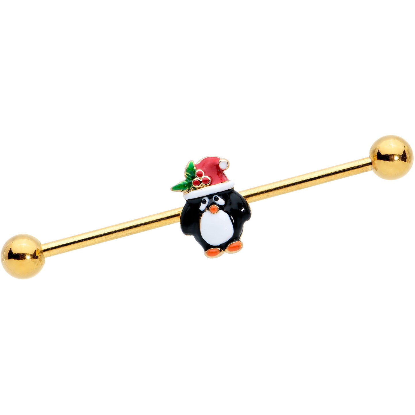 14G Gold Tone Holly Hat Penguin Holiday Industrial Barbell 38mm