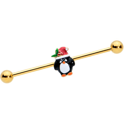 14G Gold Tone Holly Hat Penguin Holiday Industrial Barbell 38mm