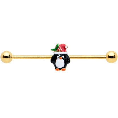 14G Gold Tone Holly Hat Penguin Holiday Industrial Barbell 38mm